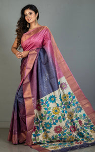 Shibori Kalamkari Soft Tussar Silk Saree with Matte finish Zari Border and in Pink, Purple, Lailac and Multicolored