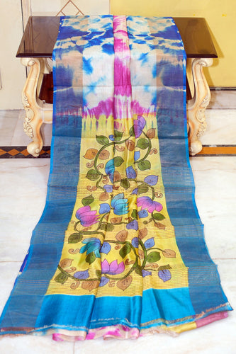 Shibori Kalamkari Soft Tussar Silk Saree with Matte finish Zari Border and in Off White, Tory Blue, Magenta and Multicolored