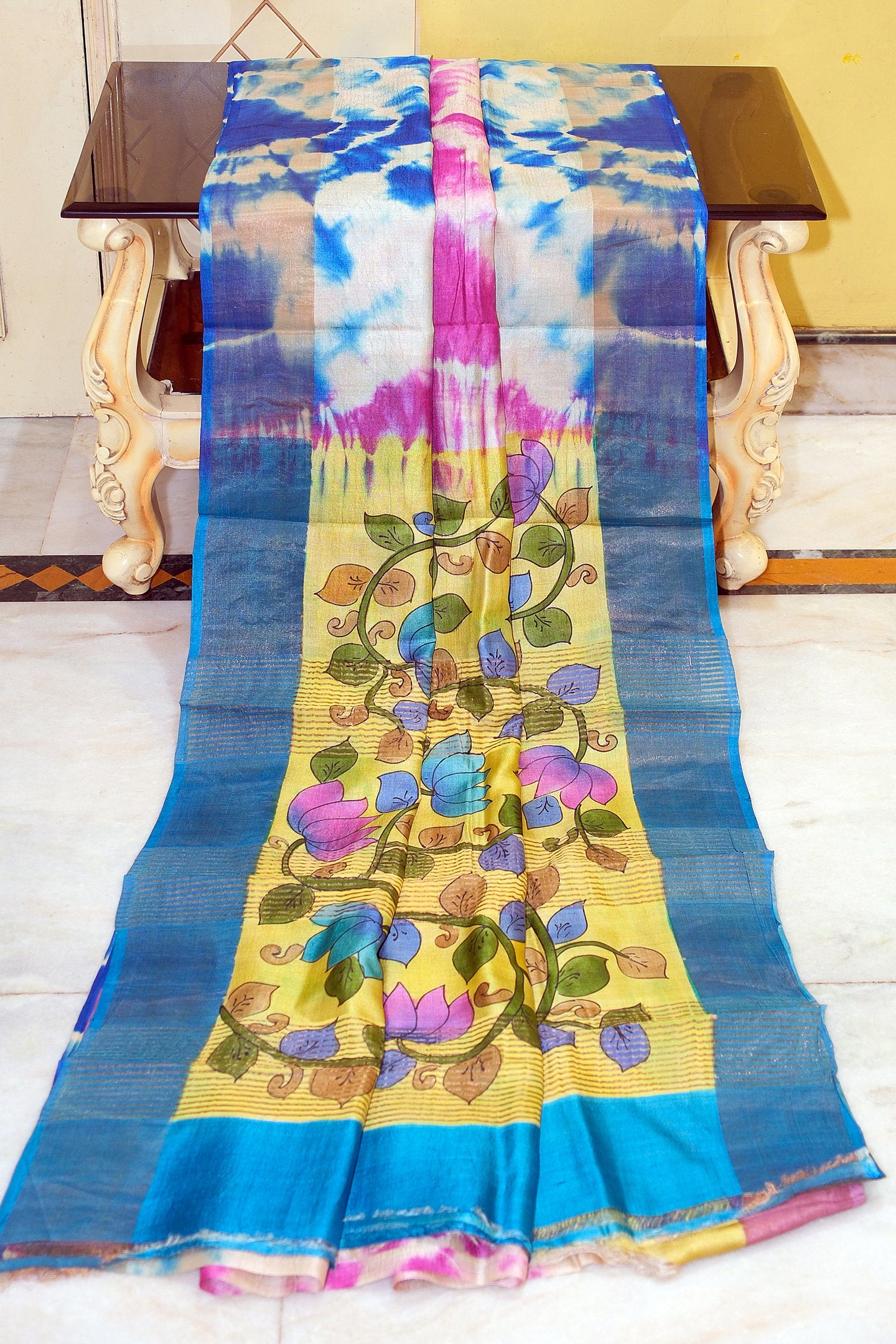 Shibori Kalamkari Soft Tussar Silk Saree with Matte finish Zari Border and in Off White, Tory Blue, Magenta and Multicolored