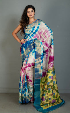 Shibori Kalamkari Soft Tussar Silk Saree in Yale Blue, Moon Mist, Dark Fuchsia and Multicolored