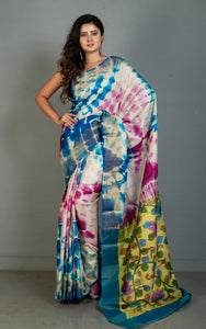 Shibori Kalamkari Soft Tussar Silk Saree in Yale Blue, Moon Mist, Dark Fuchsia and Multicolored