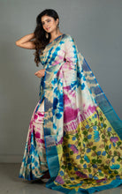 Shibori Kalamkari Soft Tussar Silk Saree in Yale Blue, Moon Mist, Dark Fuchsia and Multicolored
