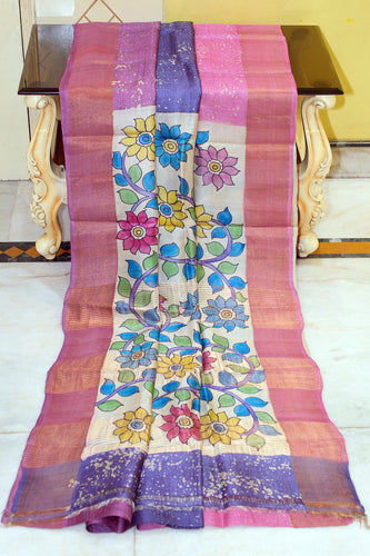 Shibori Kalamkari Soft Tussar Silk Saree with Matte finish Zari Border and in Pink, Purple, Lailac and Multicolored