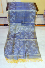 Handwoven Dual-Tone Color Weave Tussar Silk Jamdani Saree with Traditional Karat Nakshi Work in Waikawa Grey, Yellow and Off White
