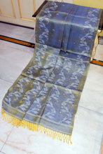 Handwoven Dual-Tone Color Weave Tussar Silk Jamdani Saree with Traditional Karat Nakshi Work in Waikawa Grey, Yellow and Off White
