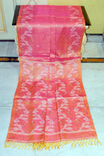 Handwoven Dual-Tone Color Weave Tussar Silk Jamdani Saree with Traditional Karat Nakshi Work in Deep Peach, Yellow and Off White