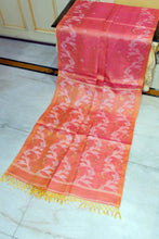 Handwoven Dual-Tone Color Weave Tussar Silk Jamdani Saree with Traditional Karat Nakshi Work in Deep Peach, Yellow and Off White