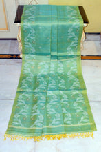 Handwoven Dual-Tone Color Weave Tussar Silk Jamdani Saree with Traditional Karat Nakshi Work in Sea Turtle Green and Mango Saffron