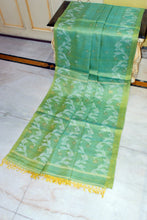 Handwoven Dual-Tone Color Weave Tussar Silk Jamdani Saree with Traditional Karat Nakshi Work in Sea Turtle Green and Mango Saffron