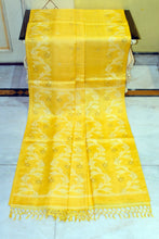 Handwoven Dual-Tone Color Weave Tussar Silk Jamdani Saree with Traditional Karat Nakshi Work in Marigold Yellow and Off White