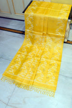 Handwoven Dual-Tone Color Weave Tussar Silk Jamdani Saree with Traditional Karat Nakshi Work in Marigold Yellow and Off White