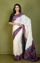 Premium Quality Color Dyed Tussar Silk Needle Karat Nakshi Work Saree in Cream, Wine Berry and Metallic Blue