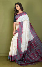 Premium Quality Color Dyed Tussar Silk Needle Karat Nakshi Work Saree in Cream, Wine Berry and Metallic Blue