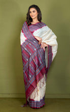 Premium Quality Color Dyed Tussar Silk Needle Karat Nakshi Work Saree in Cream, Wine Berry and Metallic Blue