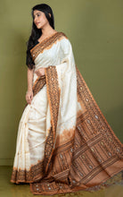 Premium Quality Color Dyed Tussar Silk Needle Karat Nakshi Work Saree in Cream, Terracotta and Black