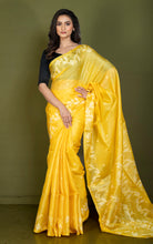 Handwoven Dual-Tone Color Weave Tussar Silk Jamdani Saree with Traditional Karat Nakshi Work in Marigold Yellow and Off White