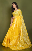 Handwoven Dual-Tone Color Weave Tussar Silk Jamdani Saree with Traditional Karat Nakshi Work in Marigold Yellow and Off White