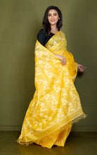 Handwoven Dual-Tone Color Weave Tussar Silk Jamdani Saree with Traditional Karat Nakshi Work in Marigold Yellow and Off White