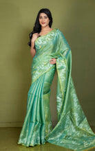 Handwoven Dual-Tone Color Weave Tussar Silk Jamdani Saree with Traditional Karat Nakshi Work in Sea Turtle Green and Mango Saffron