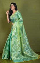 Handwoven Dual-Tone Color Weave Tussar Silk Jamdani Saree with Traditional Karat Nakshi Work in Sea Turtle Green and Mango Saffron