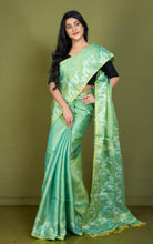 Handwoven Dual-Tone Color Weave Tussar Silk Jamdani Saree with Traditional Karat Nakshi Work in Sea Turtle Green and Mango Saffron