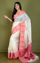 Premium Quality Assamese Nakshi Motif Inspired Handwoven Work on Tussar Silk Saree in Floral White and Red