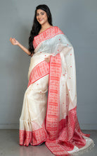 Premium Quality Assamese Nakshi Motif Inspired Handwoven Work on Tussar Silk Saree in Floral White and Red