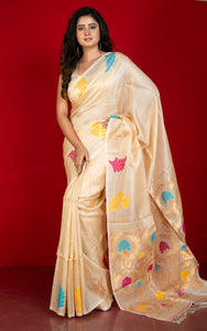 Premium Quality Tussar Valkalam Silk with Minakari Rich Pallu in Warm Beige, Multicolored and Natural Golden