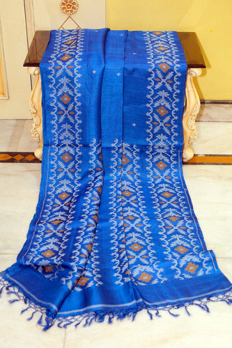 Premium Quality Tussar Silk Handwoven Karat Work Saree in Denim Blue, Beige and Bronze