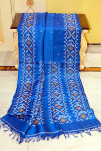 Premium Quality Tussar Silk Handwoven Karat Work Saree in Denim Blue, Beige and Bronze