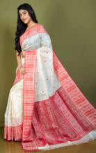 Premium Quality Assamese Nakshi Motif Inspired Handwoven Work on Tussar Silk Saree in Floral White and Red