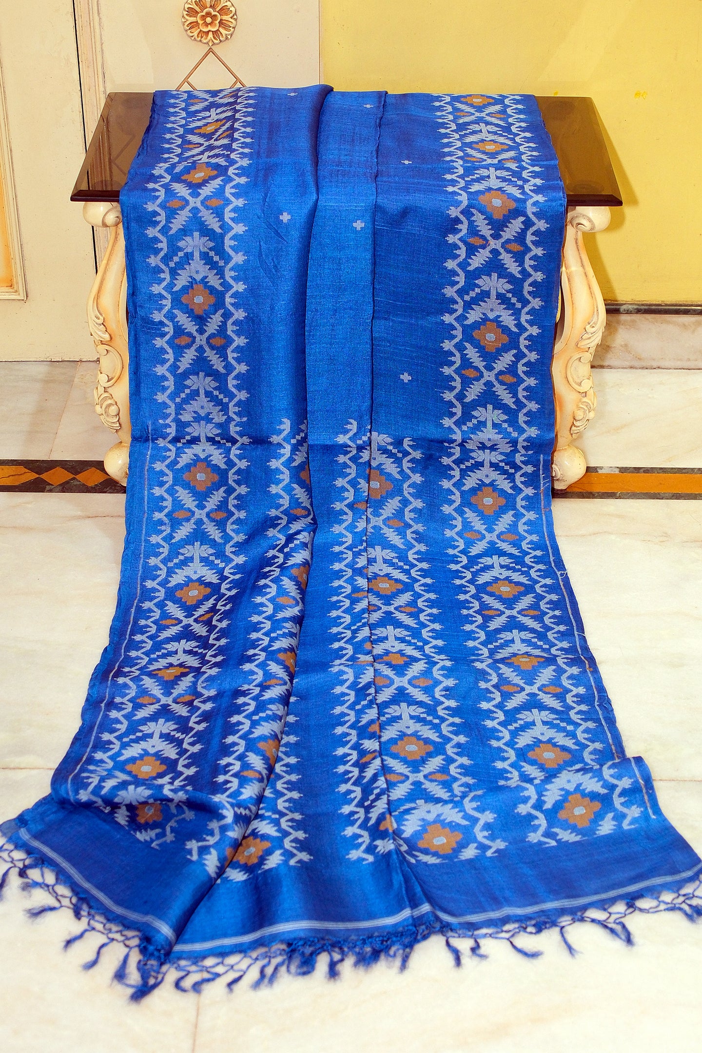Premium Quality Tussar Silk Handwoven Karat Work Saree in Denim Blue, Beige and Bronze