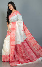 Premium Quality Assamese Nakshi Motif Inspired Handwoven Work on Tussar Silk Saree in Floral White and Red