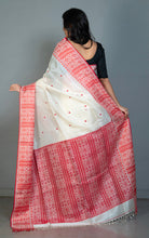 Premium Quality Assamese Nakshi Motif Inspired Handwoven Work on Tussar Silk Saree in Floral White and Red