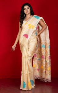 Premium Quality Tussar Valkalam Silk with Minakari Rich Pallu in Warm Beige, Multicolored and Natural Golden