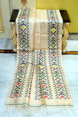 Premium Quality Tussar Silk Handwoven Karat Work Saree in Natural Beige and Multicolored