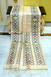 Premium Quality Tussar Silk Handwoven Karat Work Saree in Natural Beige and Multicolored