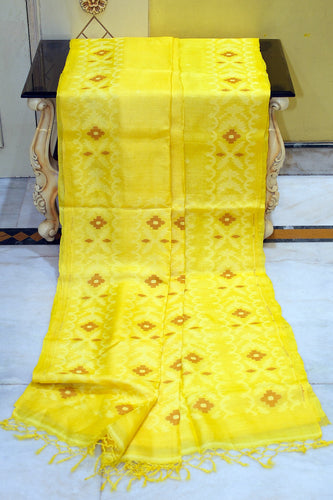 Premium Quality Tussar Silk Handwoven Karat Work Saree in Bright Yellow, Brown and Off White
