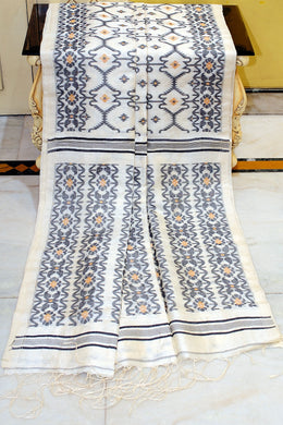 Premium Quality Tussar Silk Handwoven Karat Jaal Work Saree in Off White, Black and Antique Brass