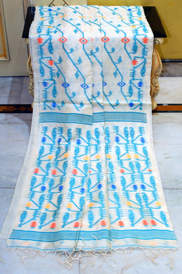 Premium Quality Tussar Silk Handwoven Neddle Karat Aara Work Saree in Off White, Sea Green and Multicolored