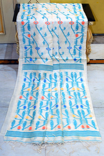 Premium Quality Tussar Silk Handwoven Neddle Karat Aara Work Saree in Off White, Sea Green and Multicolored