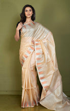 Premium Quality Handwoven Tussar Jamdani Silk Saree in Sorrell Brown, Silver and Copper