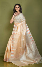 Premium Quality Handwoven Tussar Jamdani Silk Saree in Sorrell Brown, Silver and Copper