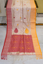 Premium Quality Ganga Jamuna Border Assamese Nakshi Motif Inspired Handwoven Work on Tussar Silk Saree in Warm Beige, Golden Yellow and Red