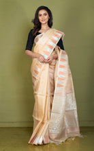 Premium Quality Handwoven Tussar Jamdani Silk Saree in Sorrell Brown, Silver and Copper