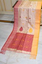 Premium Quality Ganga Jamuna Border Assamese Nakshi Motif Inspired Handwoven Work on Tussar Silk Saree in Warm Beige, Golden Yellow and Red