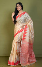 Premium Quality Handwoven Tussar Jamdani Silk Saree in Parmesan and Red