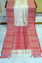 Premium Quality Assamese Nakshi Motif Inspired Handwoven Work on Tussar Silk Saree in Parmesan and Red