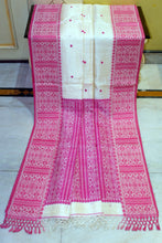 Premium Quality Assamese Nakshi Motif Inspired Handwoven Work on Tussar Silk Saree in Floral White and Hot Pink