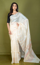 Premium Quality Designer Handwoven Work Tussar Silk Saree in Albescent White, Antique Golden, Silver and Copper